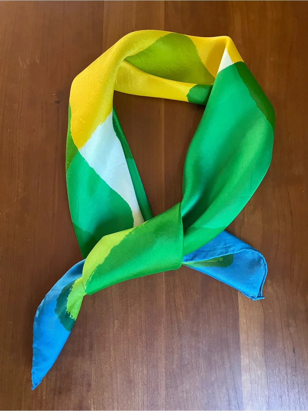 Vintage Silk Rayon Scarf 26” Square Abstract Geometric Green Blue Yellow